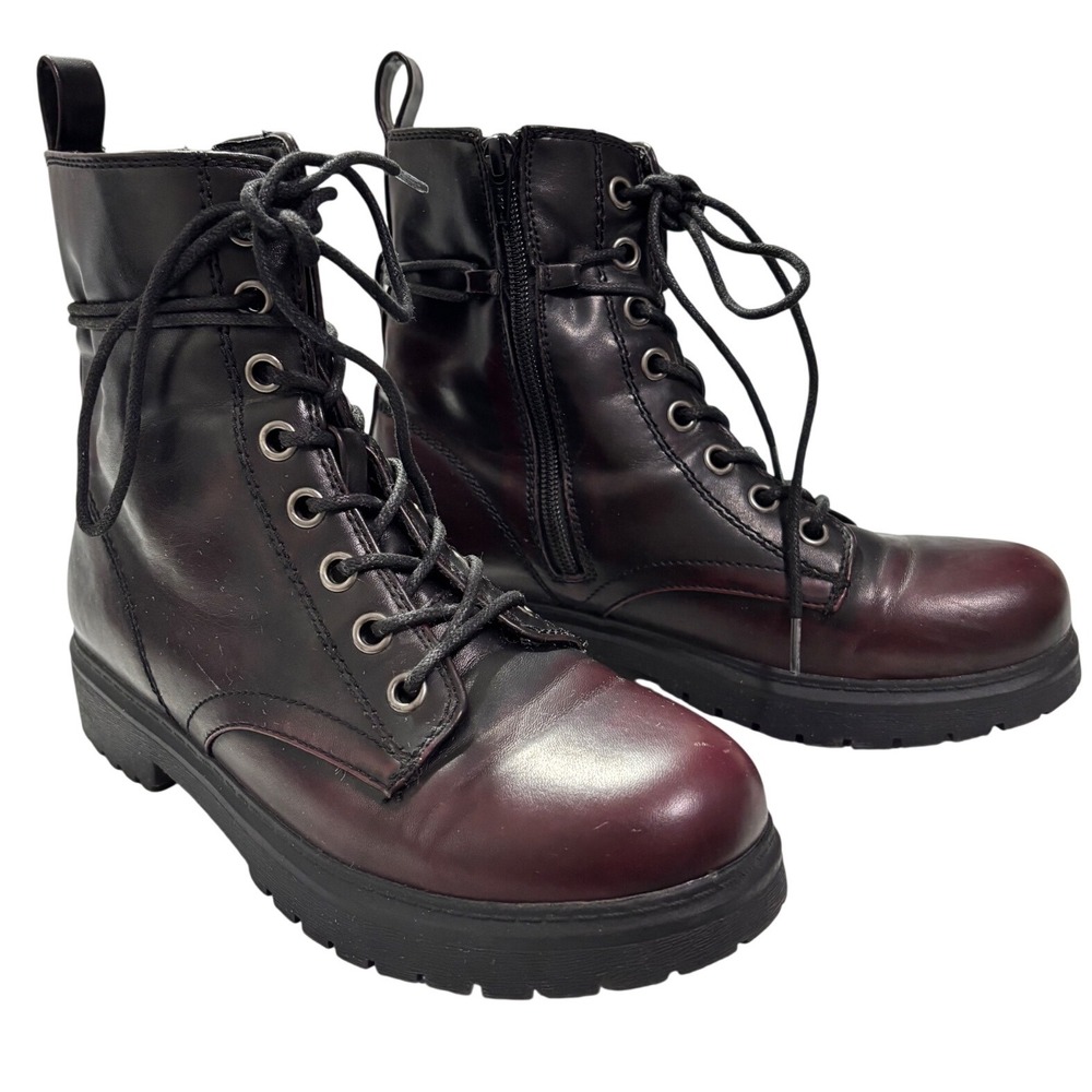 SO - Bowfin Combat Boots Women Size 7.5 Burgundy Black Lug Sole Side Zip Lace Up